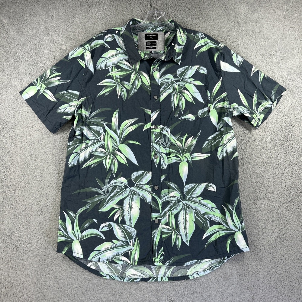 Quiksilver Shirt Mens Large Blue Green Floral Hawaiian Tropical Beach Resort